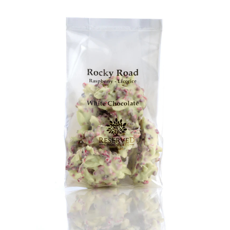 Rocky Road - Hvid chokolade med mandelflager, hindbær & lakrids