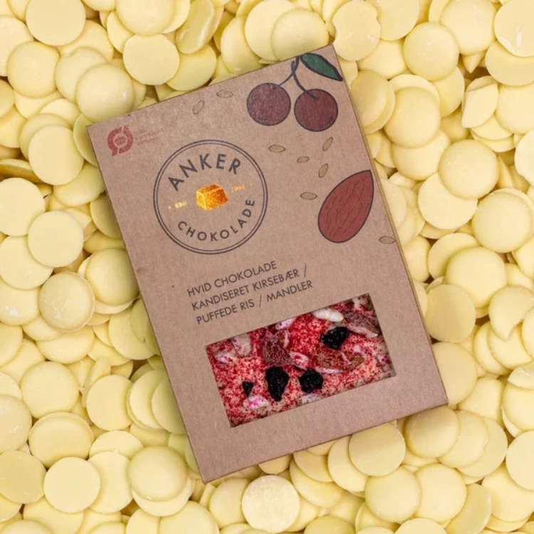 Plade - Hvid chokolade, kirsebær, puffede ris & mandler